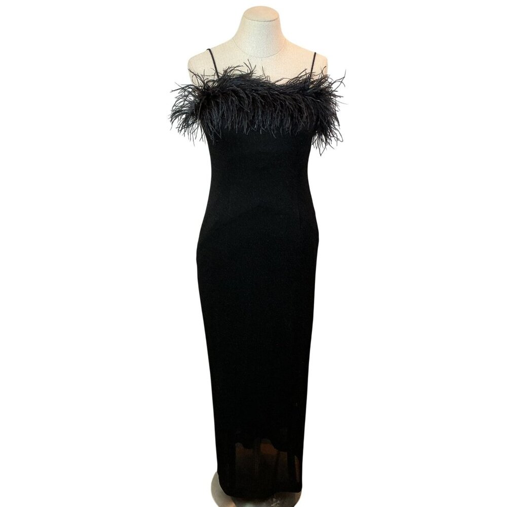 Alex Evenings Spaghetti Strap Feather Trim Evening Gown Womens 6P Black - Picture 2 of 10